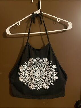 Amazon Black Halter Crop Top with White Mandala Graphic